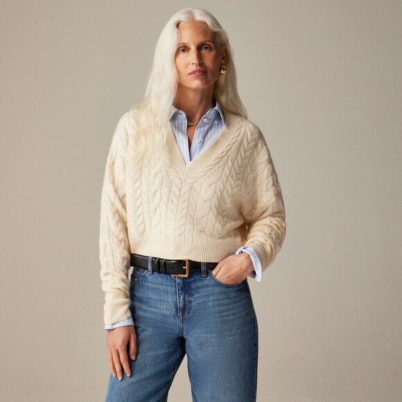 J. Crew Cashmere Cropped Cable-Knit V-Neck Sweater Long Sleeve Cream Size L NWT